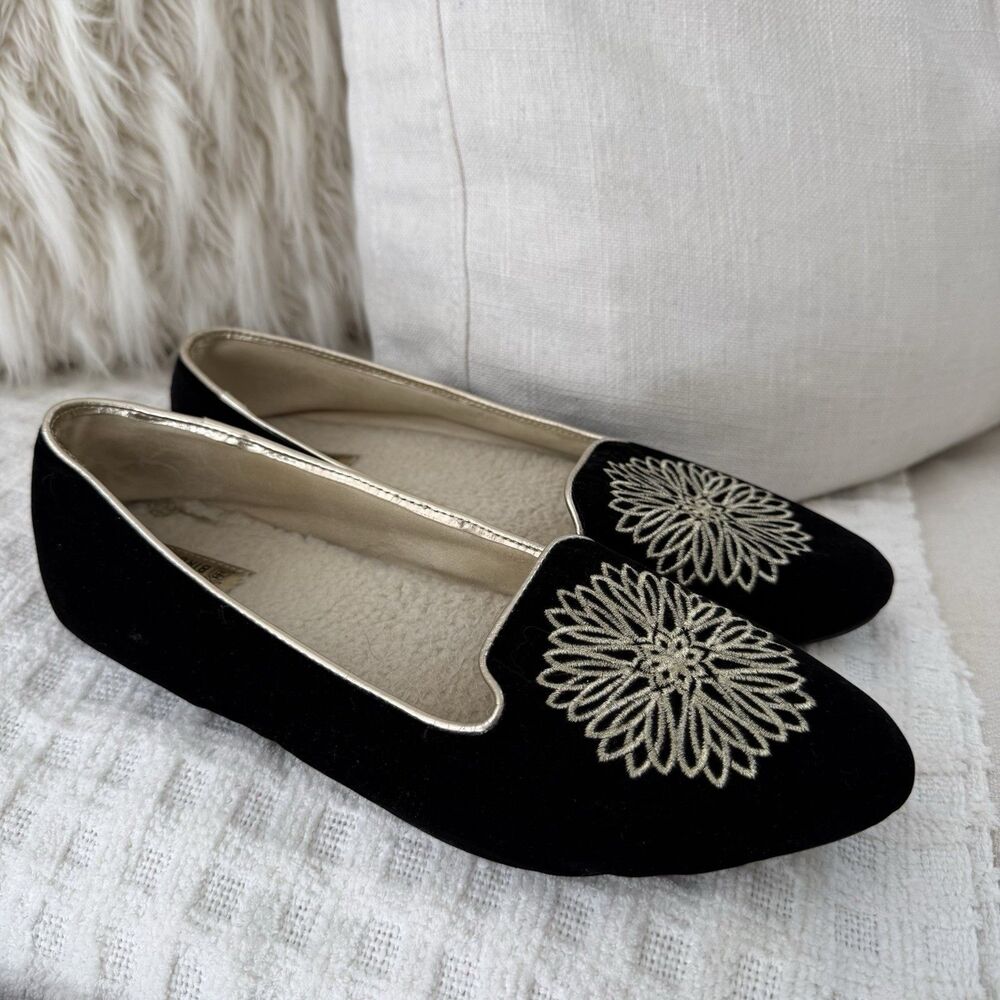 Birdies Women's Goldfinch Flats Size 10 Meghan Markle Black Velvet Embroidery